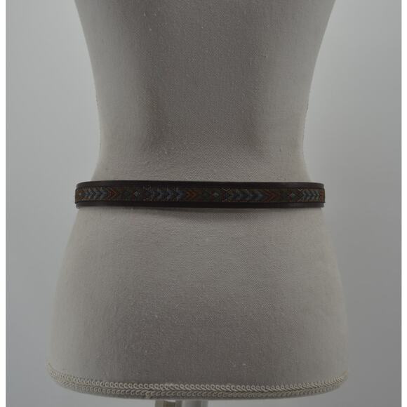 Women's Brown Leather Belt Textile Multicolored Accent Large - Picture 6 of 9